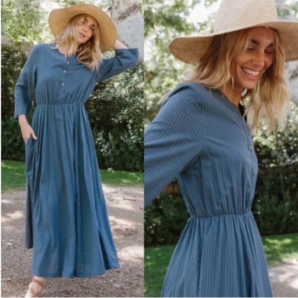 Jenni Kayne Seersucker Stripe Button Front Shirt Maxi Dress Ink Pockets
